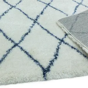 Cream Blue Geometric Shaggy Luxurious Modern Jute Backing Rug for Living Room Bedroom and Dining Room-80cm X 150cm