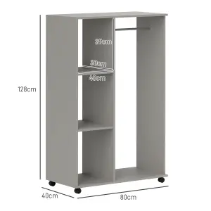 HOMCOM Rolling Open Wardrobe Hanging Rail Storage Shelves for Clothes, Grey