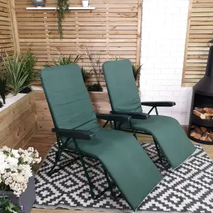 Set of 2 Padded Outdoor Garden Patio Recliner or Sun Lounger in Plain Green