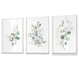 Set of 3 Green Blue Watercolour Eucalyptus Set 1 Wall Art Prints / 30x42cm (A3) / White Frame