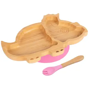 Bamboo Dinosaur Baby Weaning Plate & Fork Set - Pink