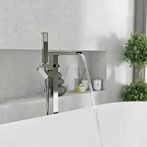 Nes Home Ozone Chrome Square Freestanding Waterfall Bath Shower Mixer Modern Bathroom