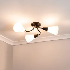 ValueLights Kristina Black 3 Arm Ceiling Light with White Frosted Glass Shades - LED Bulbs Included