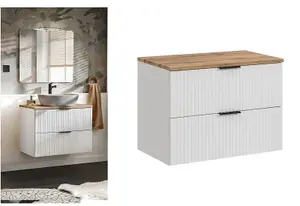 Vanity Unit Bathroom Cabinet with Drawer Wall Hung Ribbed White with Oak Effect Countertop Adel