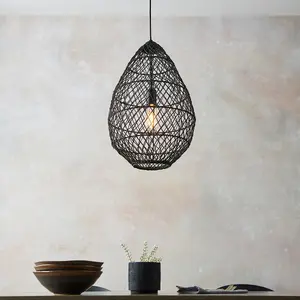 Luminosa Ancona Single Pendant Ceiling Lamp, Black Rattan, Matt Black