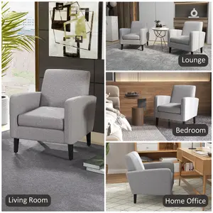 HOMCOM Modern Armchair Accent Chair with Rubber Wood Legs for Bedroom Light Grey