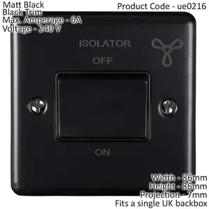 6A Extractor Fan Isolator Switch MATT BLACK & Black Trim 3 Pole Shower