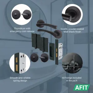 AFIT Matt Black Bathroom Door Handle Set - Pack of 2 Round Internal Door Handles, Thumb Turn Set, Lock & Hinges (76mm) Novi Range