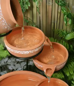 Primrose Ladonas Inlaid Terracotta Solar Powered Cascade Water Feature with Battery Backup and LED Lights 55cm