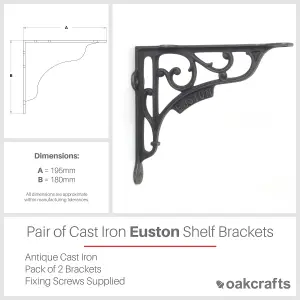 Oakcrafts - Pair of Antique Cast Iron London Euston Shelf Brackets - 195mm x 180mm