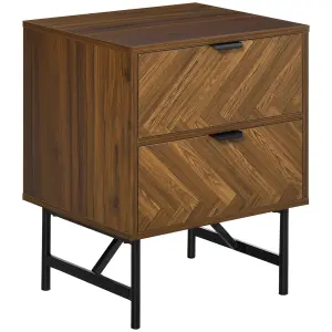 HOMCOM Two-Drawer Herringbone Bedside Table Home Cabinet Bedroom Storage Brown