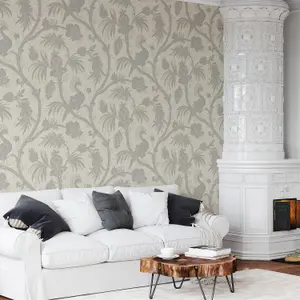 Design ID Beige Silver Floral Trail Exotic Birds Wallpaper Paste The Wall Vinyl