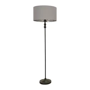 ValueLights Maggie Black Metal Candlestick Floor Lamp with Grey and Metallic Chrome Shade and LED Bulb