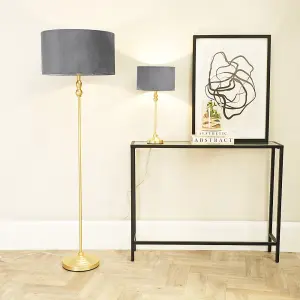 ValueLights Maggie Gold Metal Candlestick Slim Table Lamp with Grey Velvet Drum Lamp Shade and LED Bulb