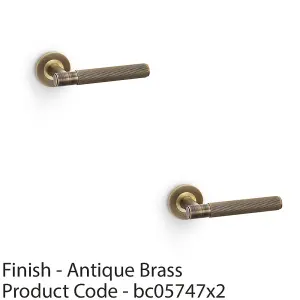 2 PACK - SOLID BRASS Reeded Door Handle Set - Antique Brass Straight Lever on Round Rose