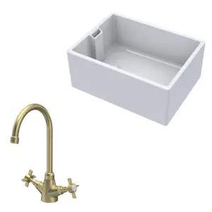 Fireclay Kitchen Bundle - Single Bowl Belfast Sink & Mono Crosshead Handle Tap, 615mm - Brushed Brass - Balterley