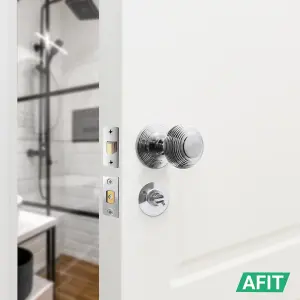 AFIT Beehive Door Knob Set Polished Chrome - 1 Pair of Reeded Mortice Knobs (55mm), Latch & Deadbolt Kit (76mm) & Turn & Release