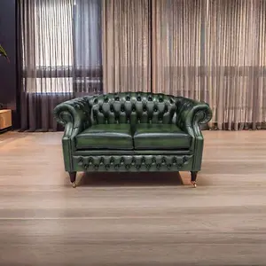 Chesterfield 2 Seater Antique Green Leather Sofa Bespoke In Buckingham Style