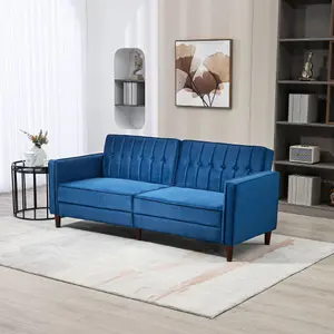 HOMCOM Convertible Sofa Futon Velvet-Touch Tufted Couch Sofa Bed Blue