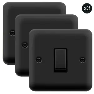 3 PACK - Curved Matt Black 10A 1 Gang 2 Way Ingot Light Switch - Black Trim - SE Home