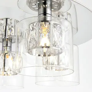 5 Bulb Ceiling Lamp & 2x Matching Flush Wall Light Round Chrome & Crystal Glass