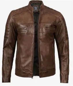 Coffee Brown Leather Jacket - Cafe Biker Leather Racer Jacket Mens