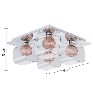 Polished Chrome Ceiling Light, Decorative Inner mesh in Copper with glass Shades