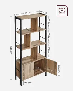 VASAGLE Bookshelf, Storage Shelf, Large Bookcase with Doors, 4 Shelves, Steel Structure, Industrial, Toasted Oak Colour and Black