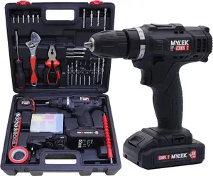 MYLEK 18V Cordless Li-ion Drill Complete With DIY 90 Piece Tool Kit And Carry Case