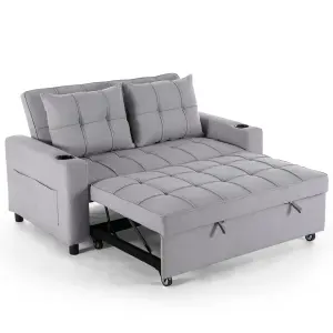 Hudson 2-Seater Sofa Bed Linen Fabric With Cup Holders Light Grey