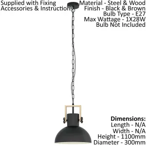 Hanging Ceiling Pendant Light Black & Wood Industrial Shade 1 x 28W E27 Bulb