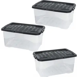 2 x 42 Litres Clear Transparent Base Curve Storage Containers With Black Lids For Home & Office