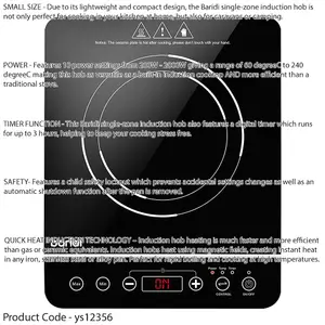 Compact 1 Zone Induction Hob - 2000W Electric Stove with Timer and Safety Features