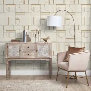 Bauhaus Geometric Wallpaper In Cream And Gold