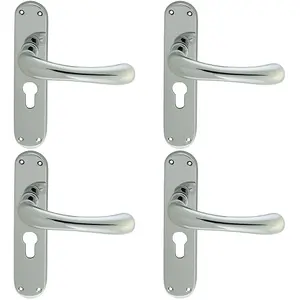 4 PACK - Rounded Smooth Latch & EURO Lock Door Handle - Polished Chrome Lever Backplate