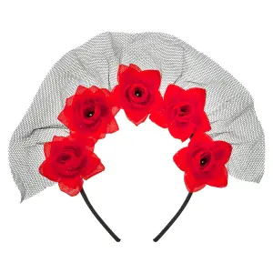 Halloween Veil Headband 5 Roses Design Halloween Party, Trick or Treat  Red