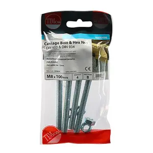 Timco - Carriage Bolts & Hex Nuts - Zinc (Size M8 x 100 - 4 Pieces)