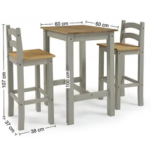 Corona Grey Wax Bistro Table and 2 Barstools Kitchen Dining Set Solid Pine with Mexican Styling