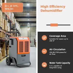 Costway 63L Commercial Dehumidifier Industrial Dehumidifier 5.5L Water Tank Portable