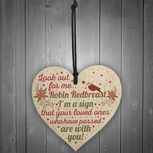 Red Ocean Robin Redbreast Mum Dad Nan Grandad Memorial Wooden Heart Plaque Grave Christmas Gift Sign