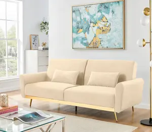 Libbie 3 Seater Click Clack Cream Velvet Sofa Bed with Gold Detail