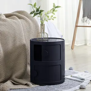 Black Round Multi Tiered Plastic Bedside Storage Drawers Unit Drawer Bedside Chest 40cm H