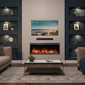 FLAMME 50"/127cm Castello Slim Frame Recessed Media Wall Inset Electric Fireplace with Multi Flame Colours 750W/1500W