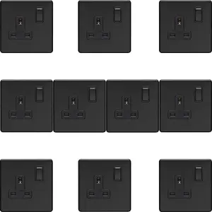 10 PACK 1 Gang DP 13A Switched UK Plug Socket SCREWLESS MATT BLACK Wall Power