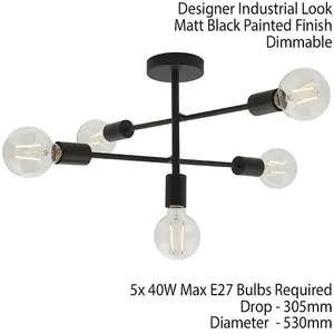 Semi Flush Ceiling Lamp Matt Black 5x Multi Light Industrial Straight Pendant