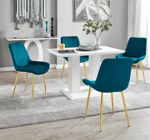 Furniturebox UK 4 Seater Dining Set - Imperia White High Gloss Dining Table and Chairs - 4 Blue Pesaro Gold Leg Chairs