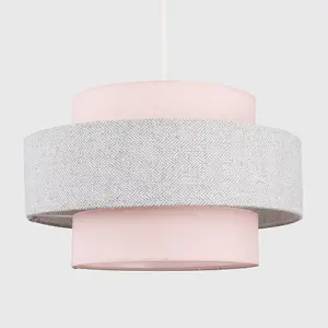 ValueLights Weaver Cylinder Ceiling Pendant Light Shade In Pink and Grey Herringbone Finish