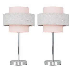 ValueLights Weaver Pair of - Chrome Touch Bedside Table Lamps with Pink & Grey Herringbone Shade - with 5w LED Bulbs In Warm White