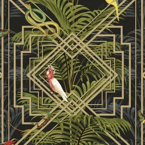 Holden Congo Black Gold Art Deco Geometric Tropical Jungle Animals Wallpaper