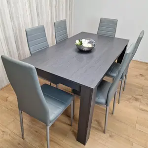 Dining Table and 6 Chairs  Black Dark Grey 6 Grey Leather Chairs Wood Dining Set Furniture